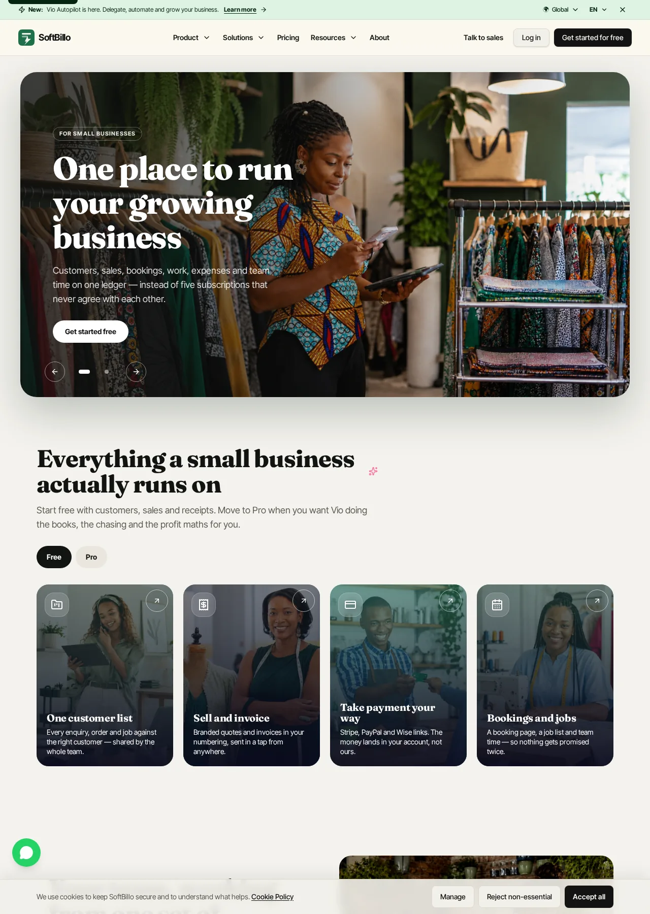 SoftBillo small-business page presenting customers, sales, bookings and expenses in one place