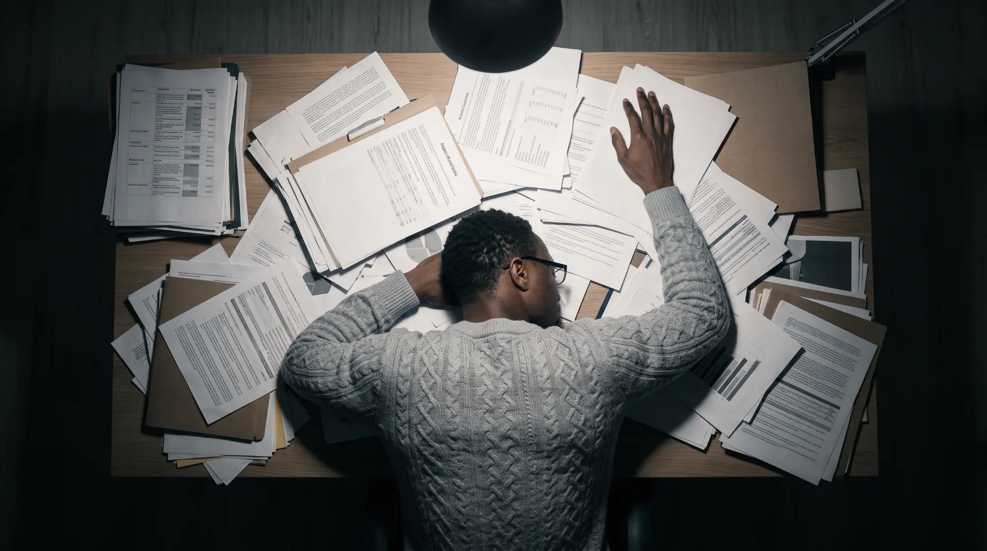 Overhead cinematic frame of a founder slumped across a desk buried under invoices, receipts and paperwork, lit by one hard lamp