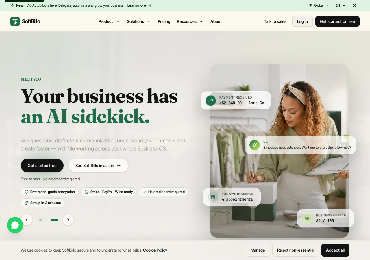 SoftBillo website introducing Vio as an AI business assistant