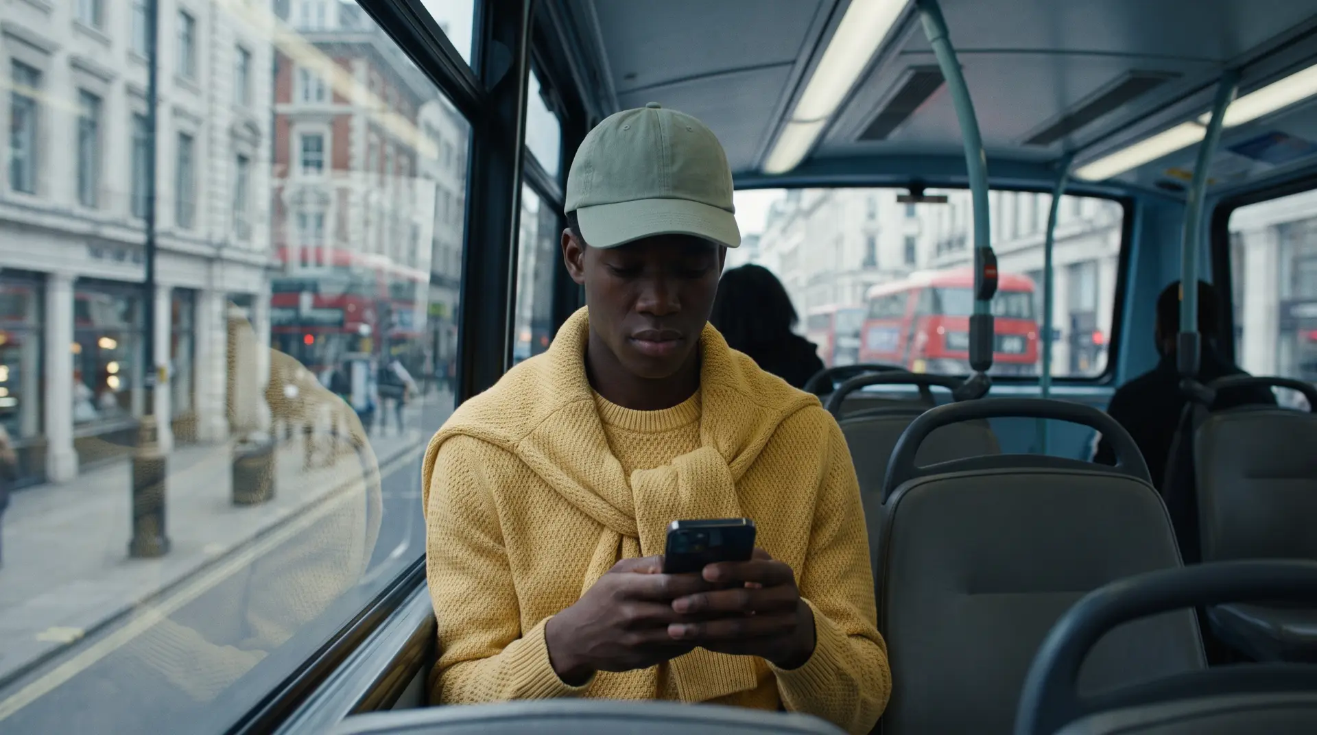 Founder checking his phone on the top deck of a London bus, the street reflected in the window