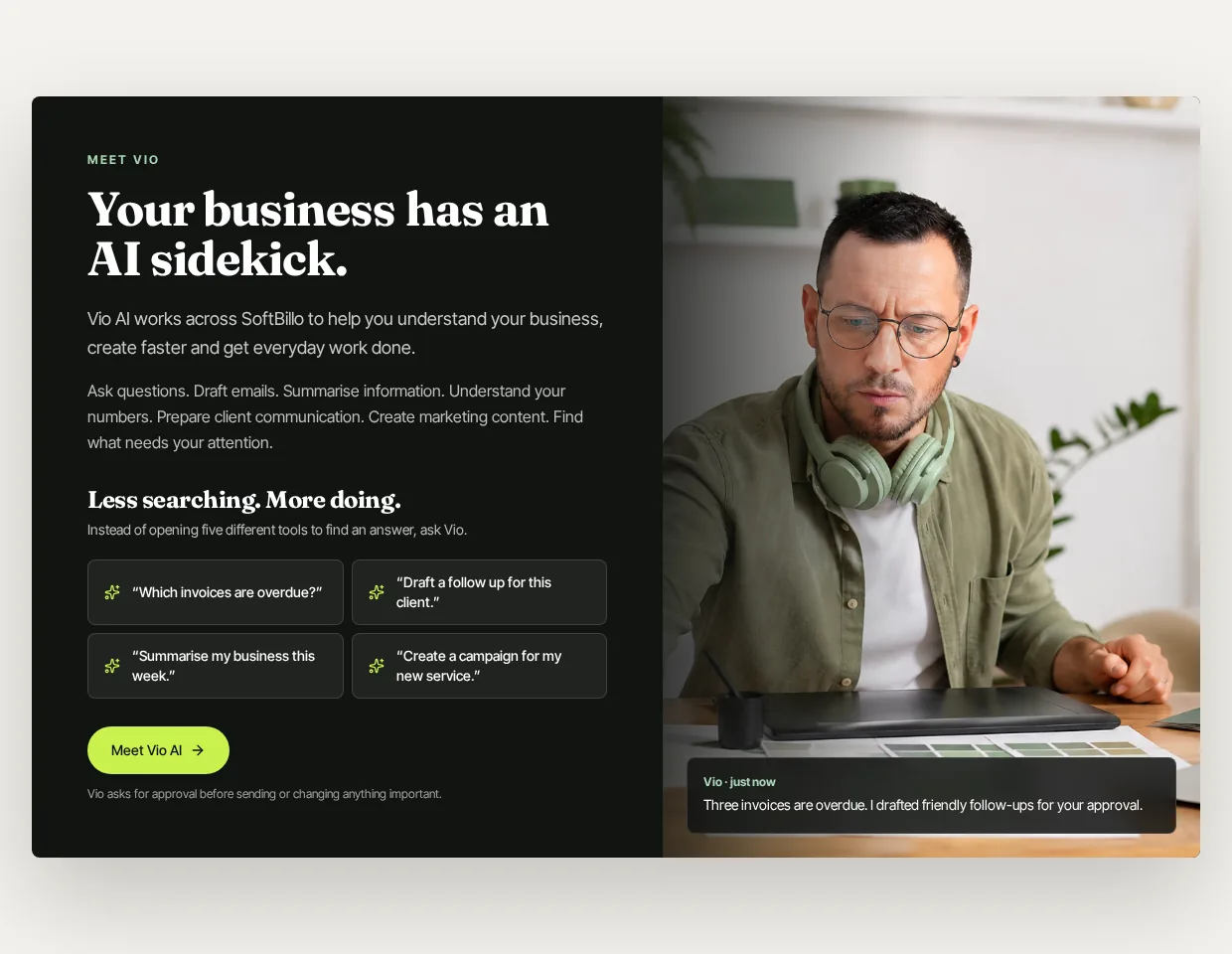 Vio AI product concept showing business questions and an approval-based recommendation
