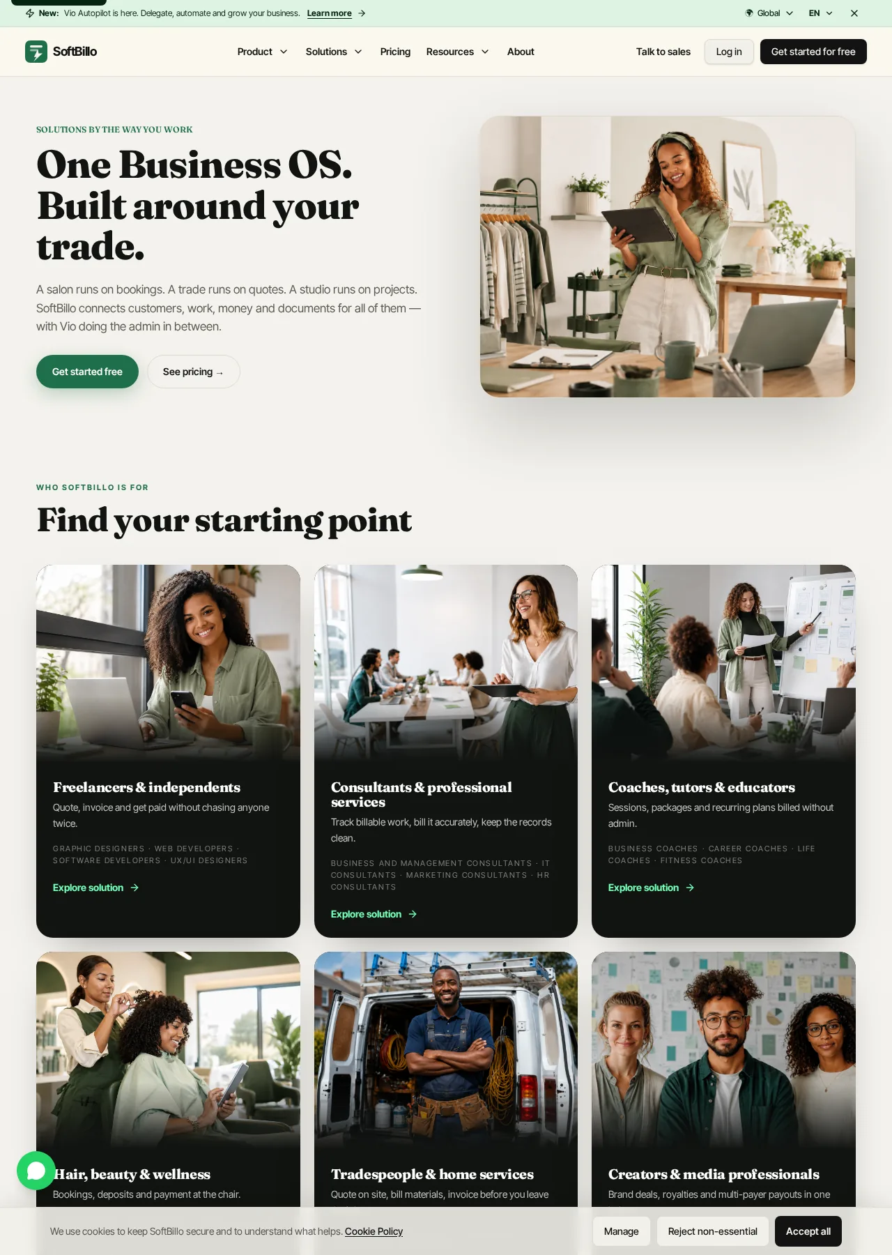 SoftBillo solutions page showing experiences for several types of independent business
