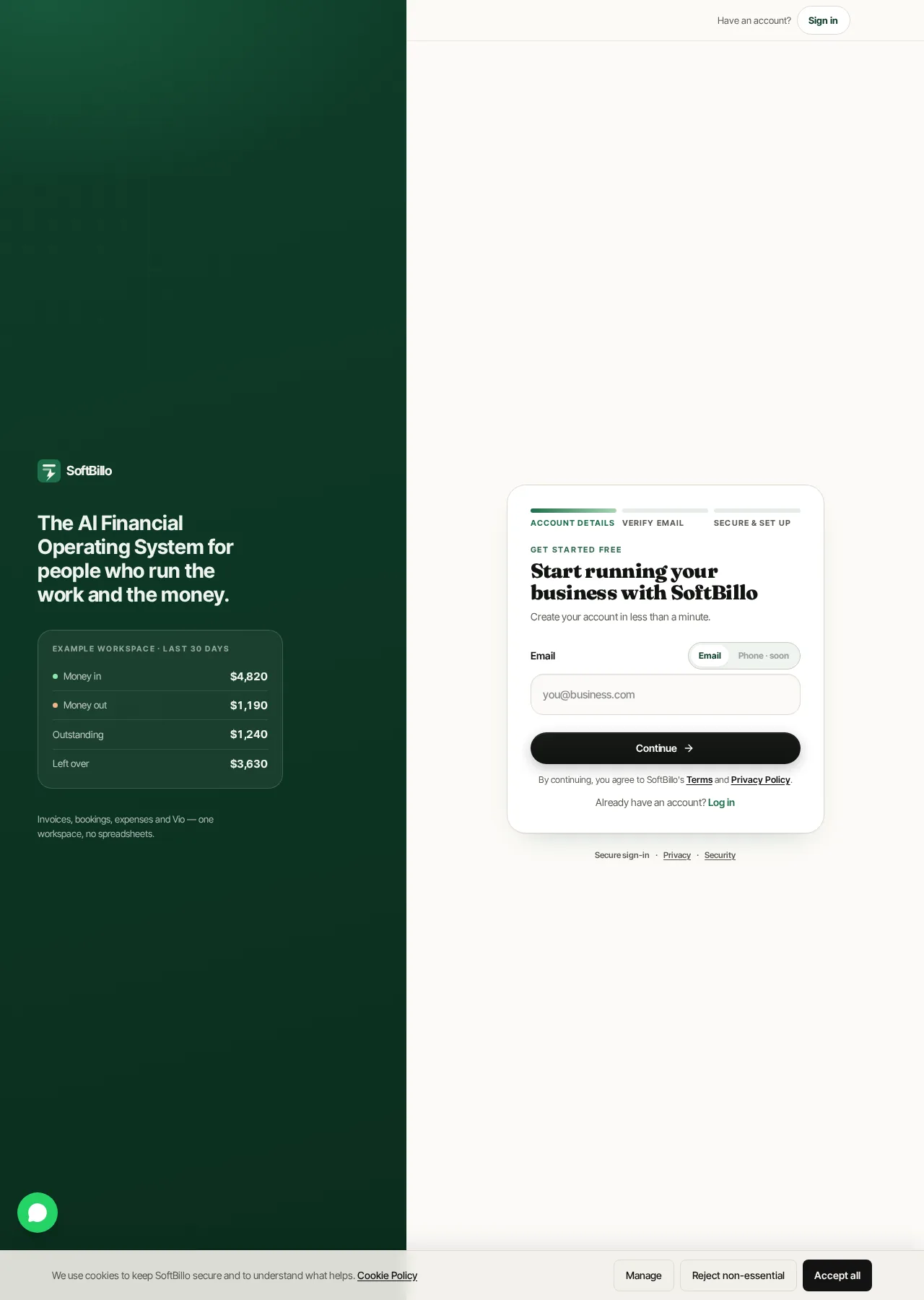 SoftBillo sign-up flow with account details, verification and setup stages